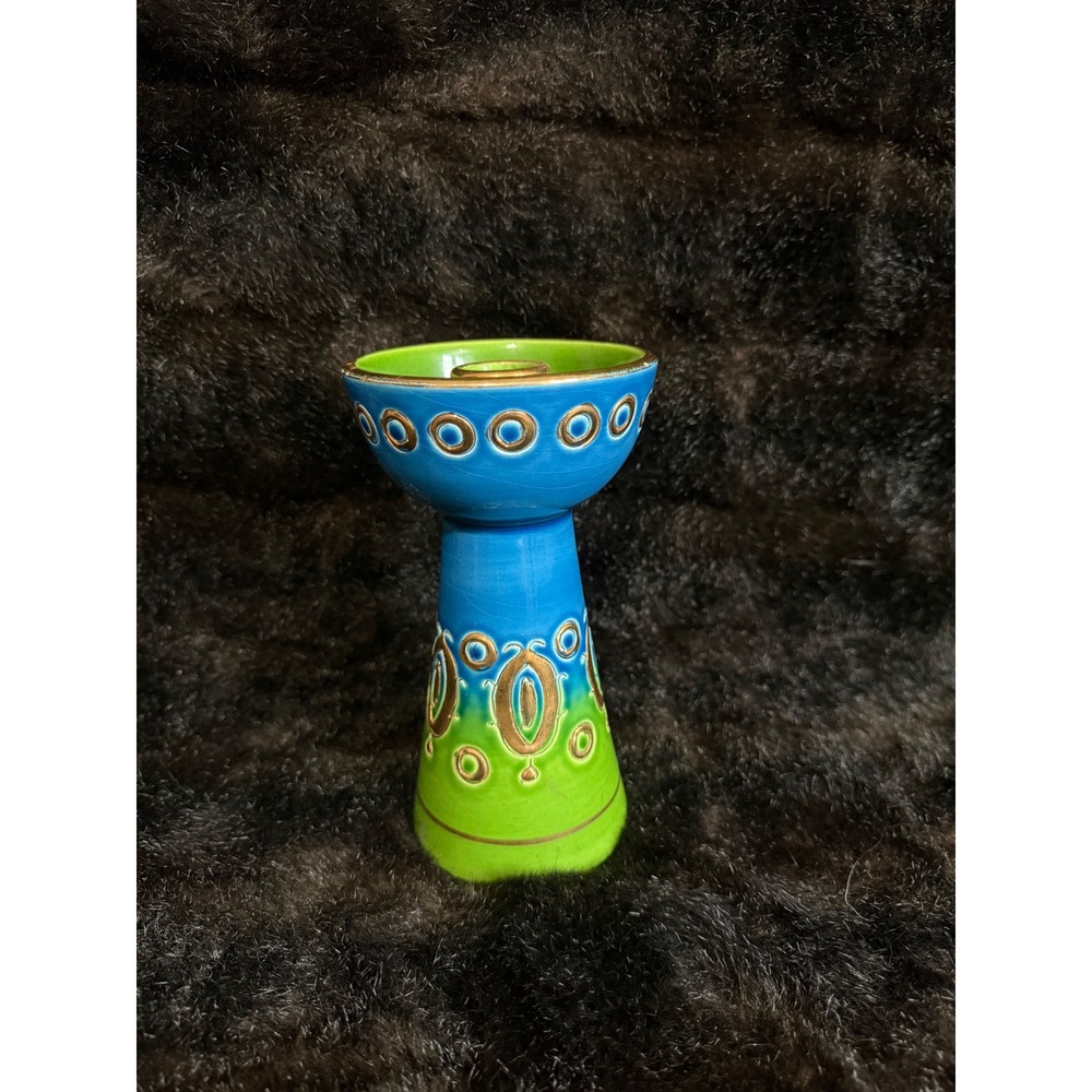 Rosenthal Netter Italy Ceramic Candlestick Holder Blue Green Gold MCM 7"